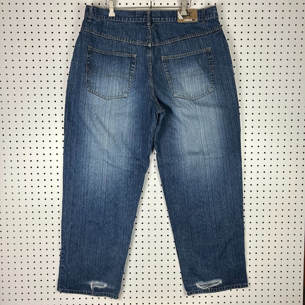 VIBES Y2K Baggy Jeans 38x31‎ Blue Drag Worn Punk Streetwear Skate Wide Leg Denim